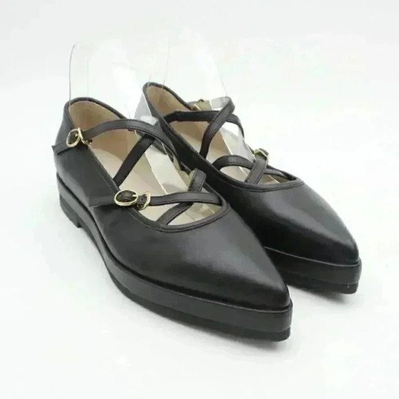 FREE PEOPLE Kriss Kross Black Leather Point Toe Chunky Mary Jane Flats - Picture 3 of 9